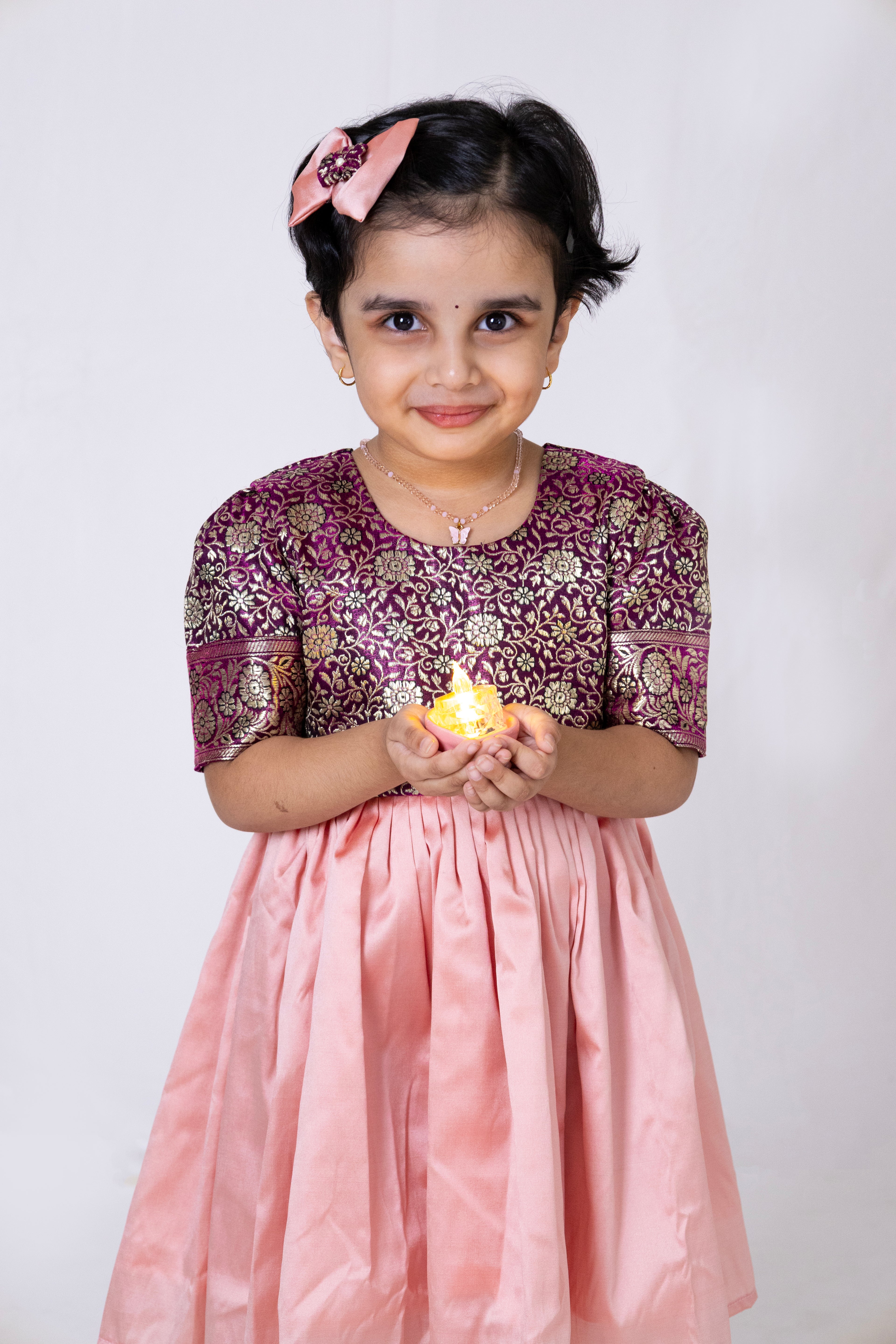 Plum coloured Banaras silk brocade bodice with blushing peach taffeta flare for Girls
