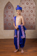 Royal-Blue Mysore Silk Sovale Uparne With Purple Banarasi Border