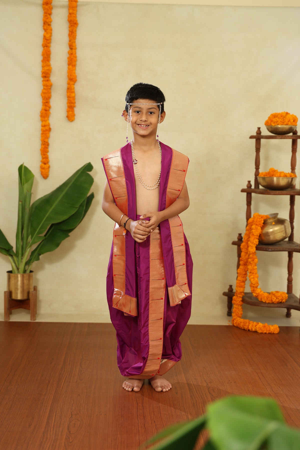 Purple Mysore Silk Sovale Uparane Set With Muniya Paithani Border