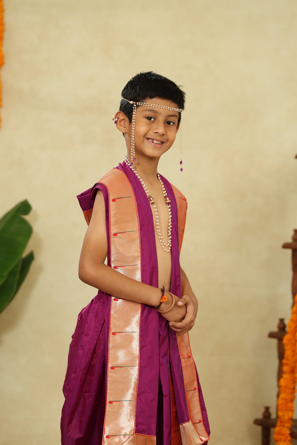 Purple Mysore Silk Sovale Uparane Set With Muniya Paithani Border