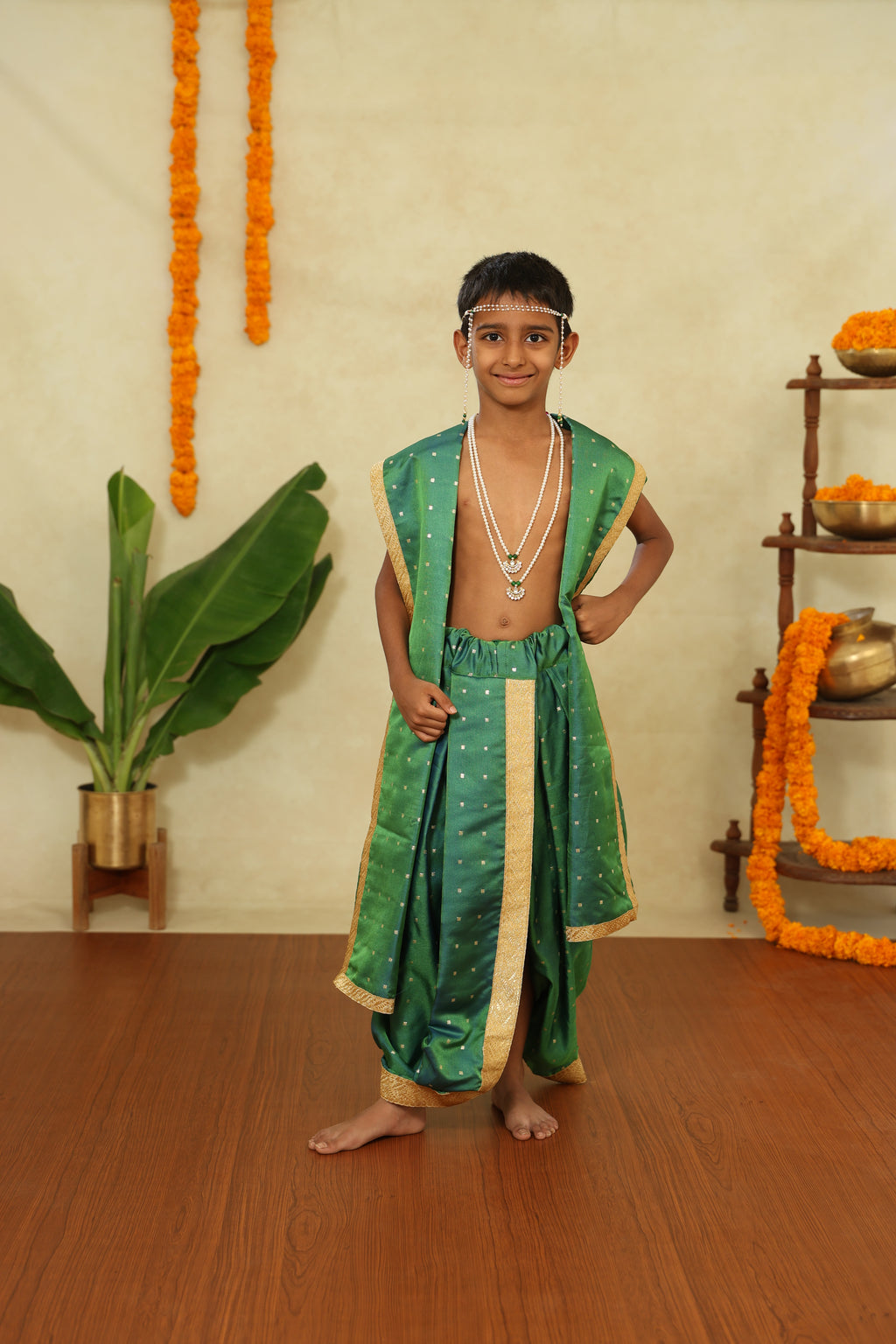 Stitched ready-to-wear Paithani silk dhoti set for kids ideal traditional munj attire for Vratabandha, Upanayanam, sacred thread ceremonies. Premium ethnic wear