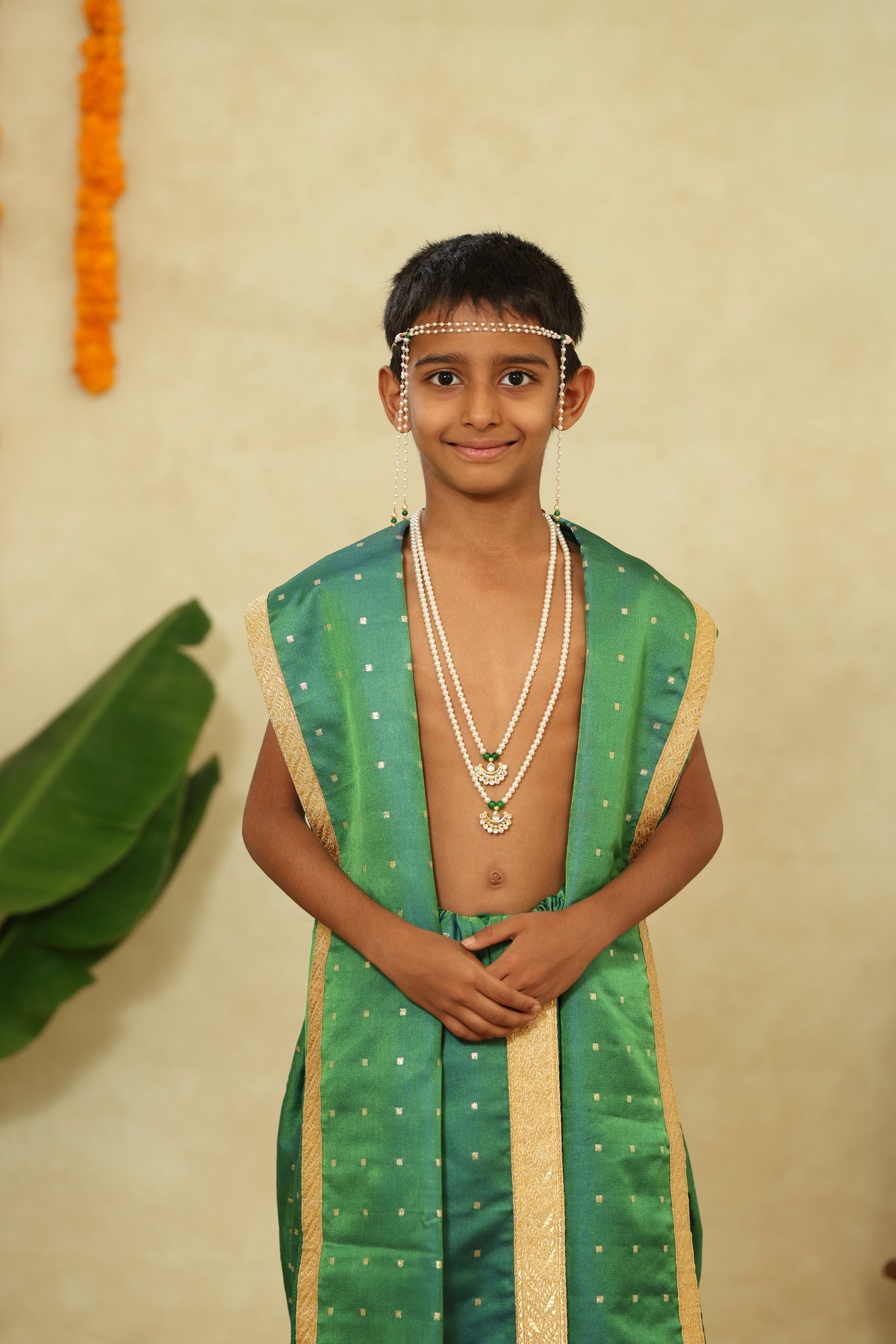 Stitched ready-to-wear Paithani silk dhoti set for kids ideal traditional munj attire for Vratabandha, Upanayanam, sacred thread ceremonies. Premium ethnic wear