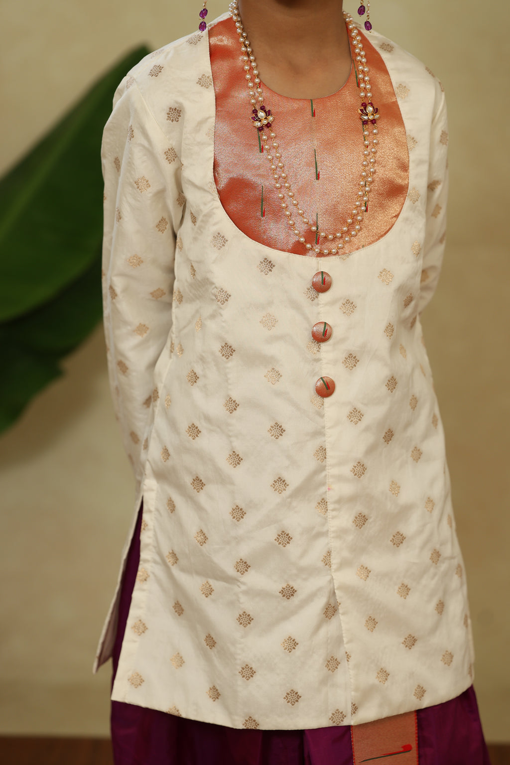 White Short Kurta With Statement Muniya Paithani Motif Yoke