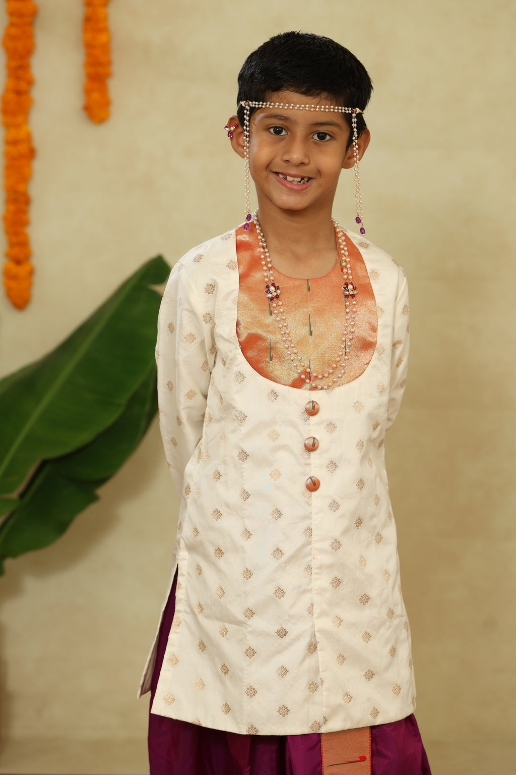 White Short Kurta With Statement Muniya Paithani Motif Yoke