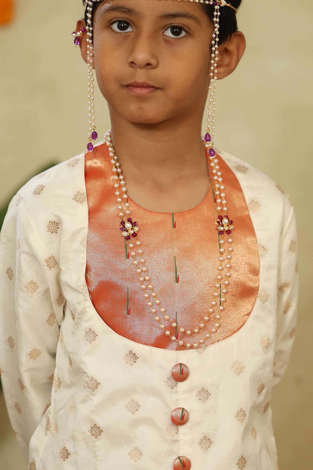 White Short Kurta With Statement Muniya Paithani Motif Yoke