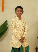 Lemon Yellow Heavy Embroidered Overlap Pattern Short Kurta