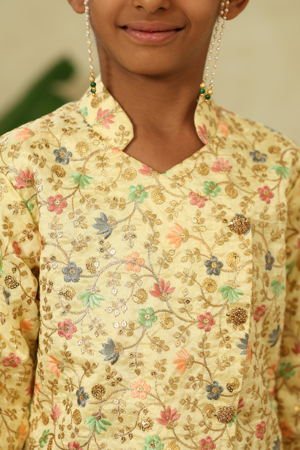 Lemon Yellow Heavy Embroidered Overlap Pattern Short Kurta