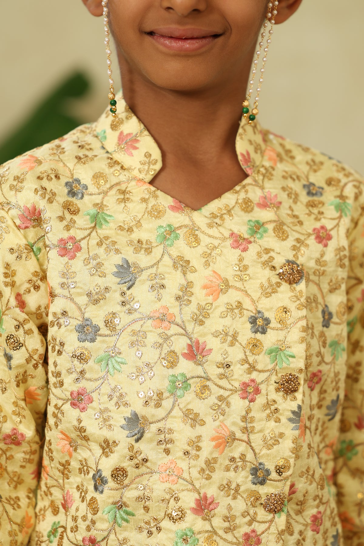 Lemon Yellow Heavy Embroidered Overlap Pattern Short Kurta