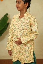Lemon Yellow Heavy Embroidered Overlap Pattern Short Kurta