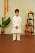 White Cotton Silk Round Neck Kurta And Salwar Set