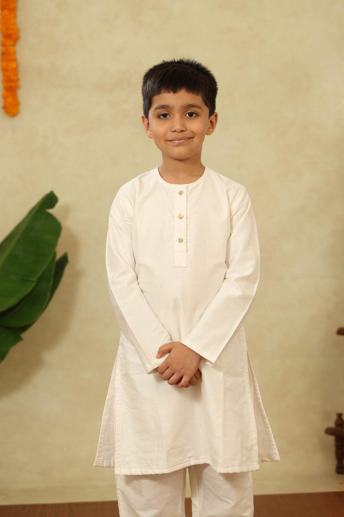 White Cotton Silk Round Neck Kurta And Salwar Set