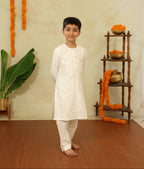 White Cotton Silk Round Neck Kurta And Salwar Set