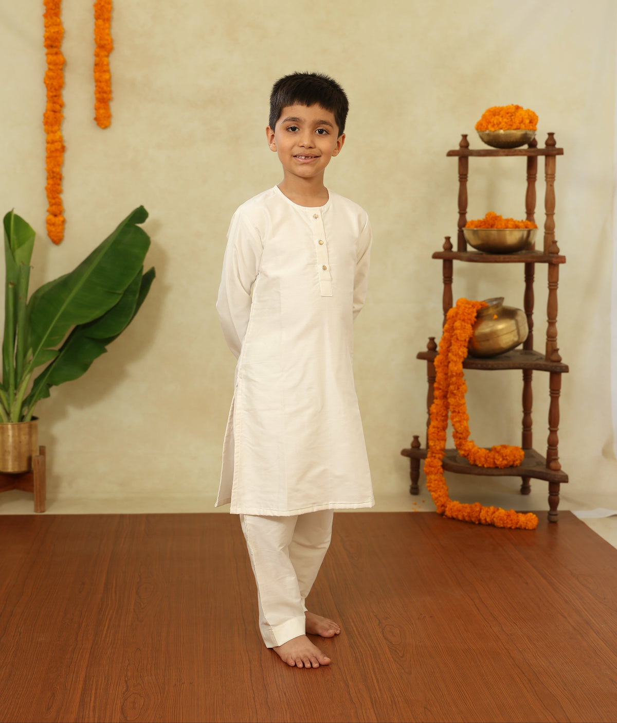 White Cotton Silk Round Neck Kurta And Salwar Set