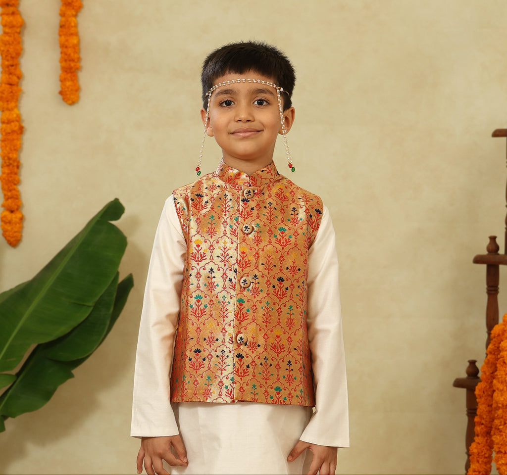 Golden Red Paithani Brocade Silk Jacket With Stand Collar