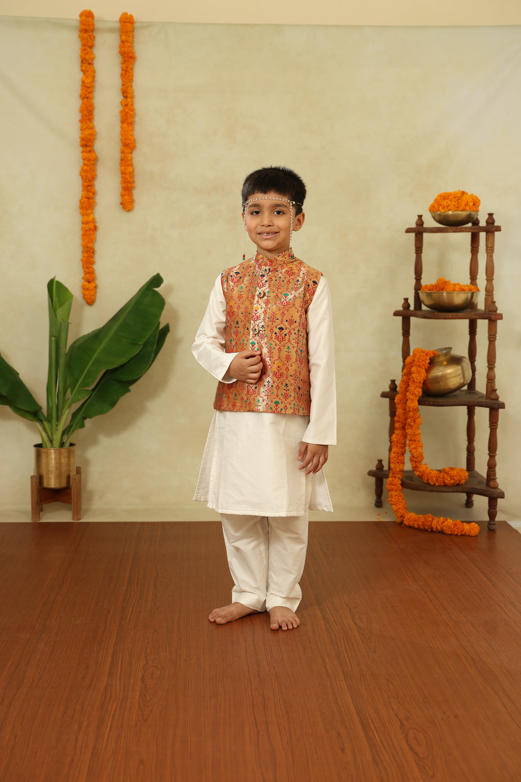 Golden Red Paithani Brocade Silk Jacket With Stand Collar