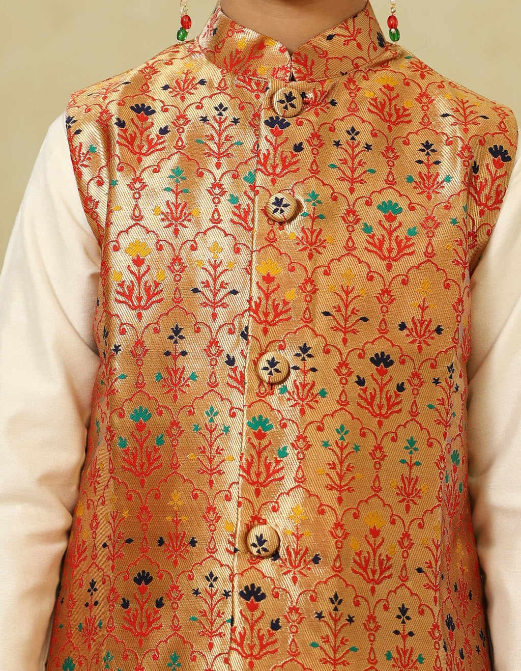 Golden Red Paithani Brocade Silk Jacket With Stand Collar