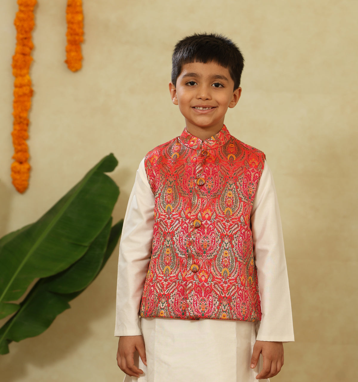 Orange Pink Banaras Allover Brocade Silk Jacket With Stand Collar