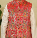 Orange Pink Banaras Allover Brocade Silk Jacket With Stand Collar