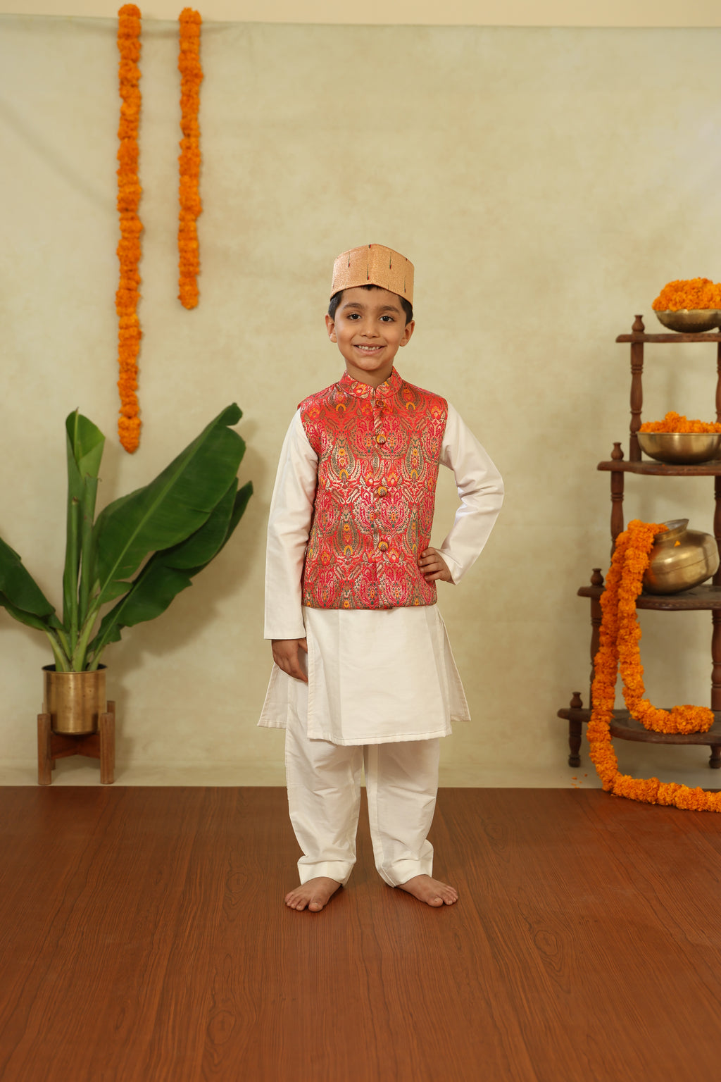 Orange Pink Banaras Allover Brocade Silk Jacket With Stand Collar