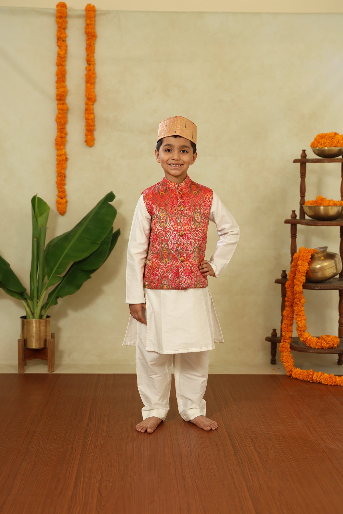 Orange Pink Banaras Allover Brocade Silk Jacket With Stand Collar