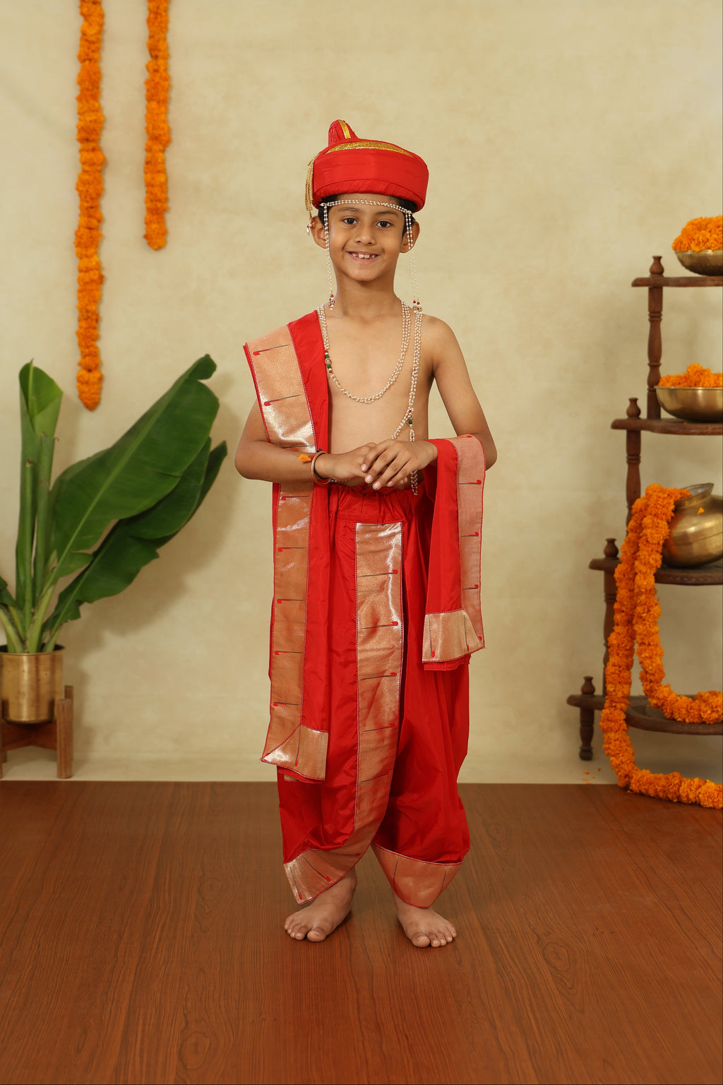 Red Mysore Silk Sovale Uparane Set With Muniya Paithani Border
