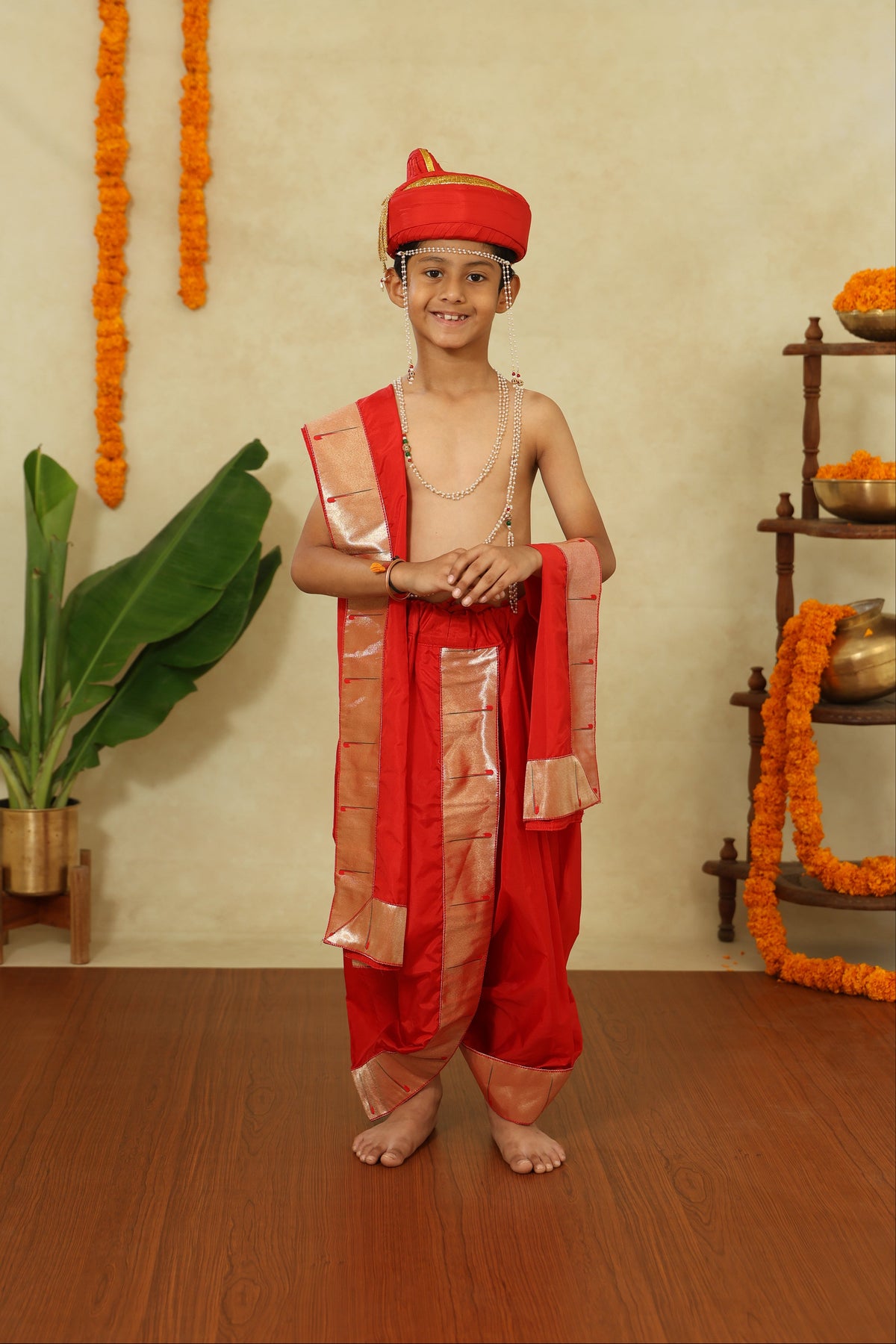Red Mysore Silk Sovale Uparane Set With Muniya Paithani Border