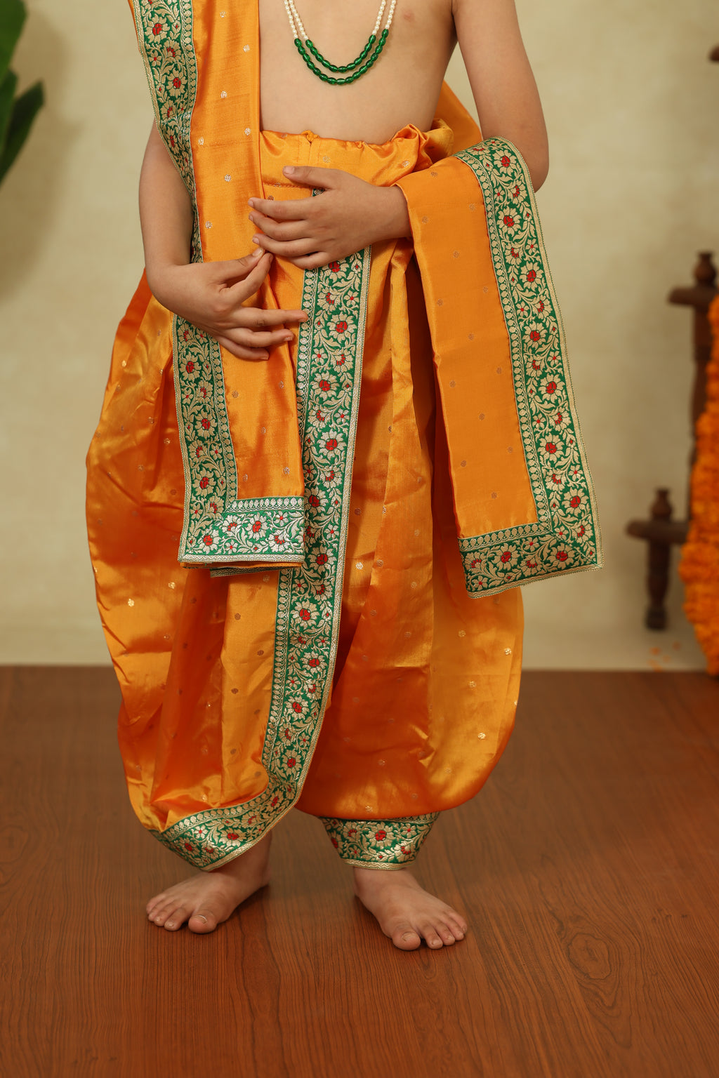 Mango Yellow Taffeta Silk Sovale Uparane Set With Red Green Banarasi Border