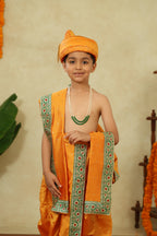 Mango Yellow Taffeta Silk Sovale Uparane Set With Red Green Banarasi Border