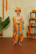 Mango Yellow Taffeta Silk Sovale Uparane Set With Red Green Banarasi Border