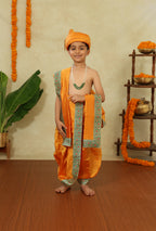 Mango Yellow Taffeta Silk Sovale Uparane Set With Red Green Banarasi Border