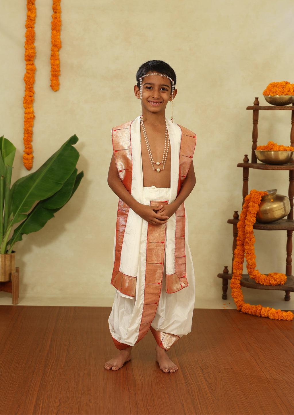 White Mysore Silk Sovale Uparane Set With Muniya Paithani Border