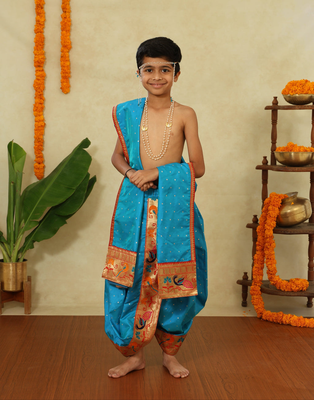 Teal Blue Satin Taffeta Silk Sovale Uparane Set With Paithani Border
