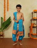 Teal Blue Satin Taffeta Silk Sovale Uparane Set With Paithani Border