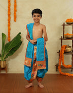 Teal Blue Satin Taffeta Silk Sovale Uparane Set With Paithani Border