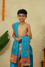 Teal Blue Satin Taffeta Silk Sovale Uparane Set With Paithani Border