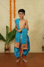 Teal Blue Satin Taffeta Silk Sovale Uparane Set With Paithani Border