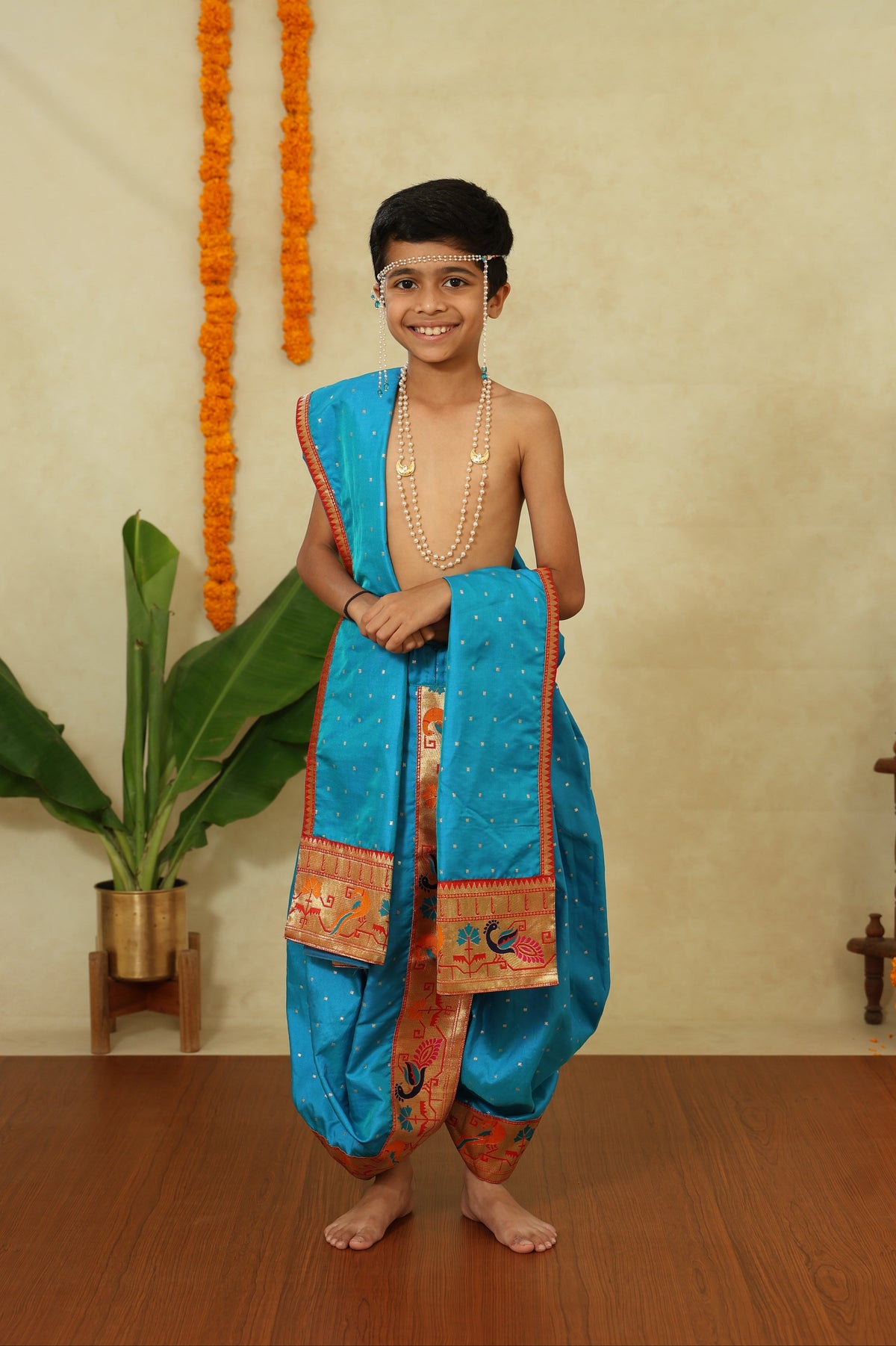 Teal Blue Satin Taffeta Silk Sovale Uparane Set With Paithani Border