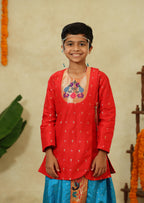 Red Raw Silk Angarkha Kurta With Paithani Motif Yoke