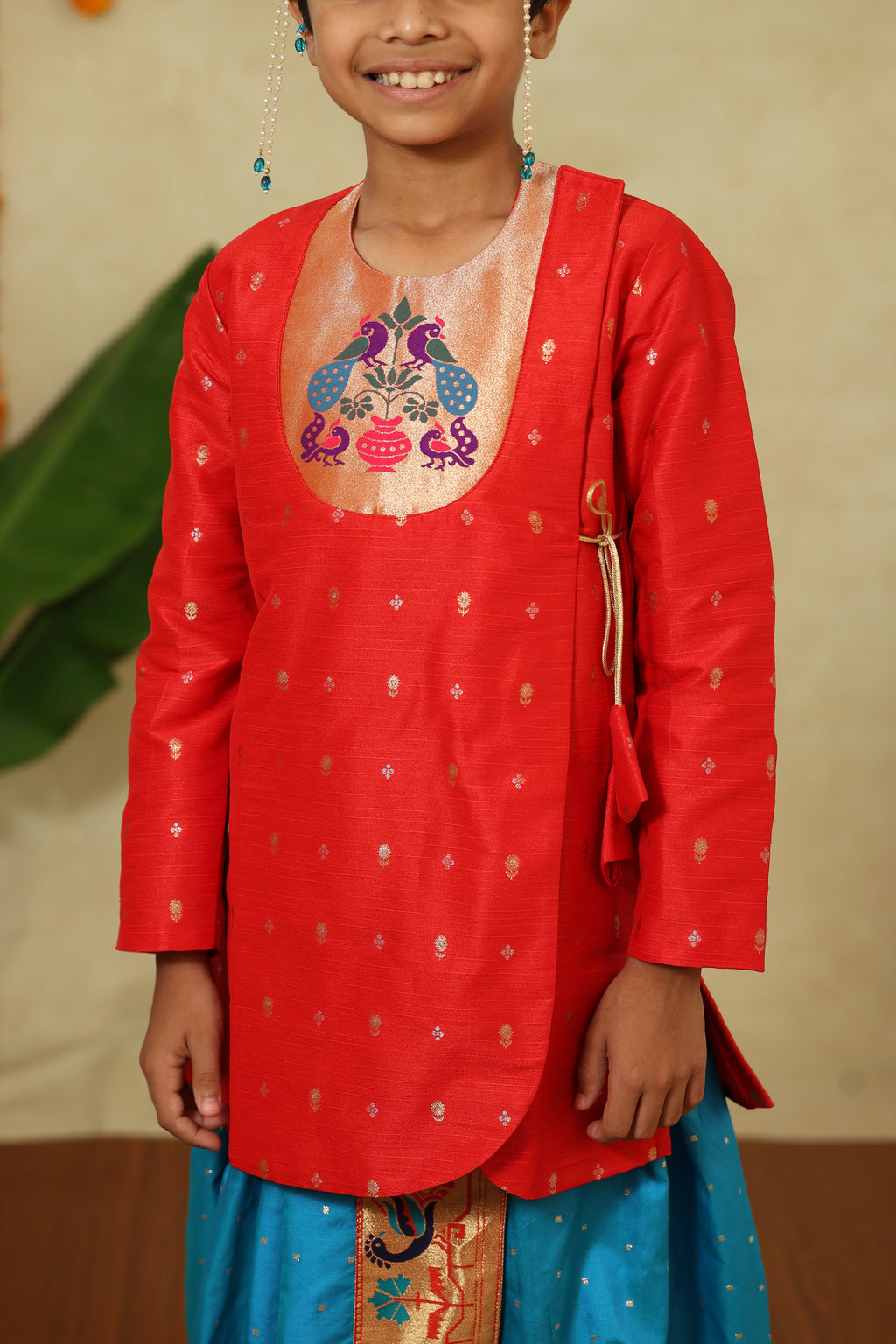 Red Raw Silk Angarkha Kurta With Paithani Motif Yoke