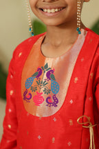Red Raw Silk Angarkha Kurta With Paithani Motif Yoke