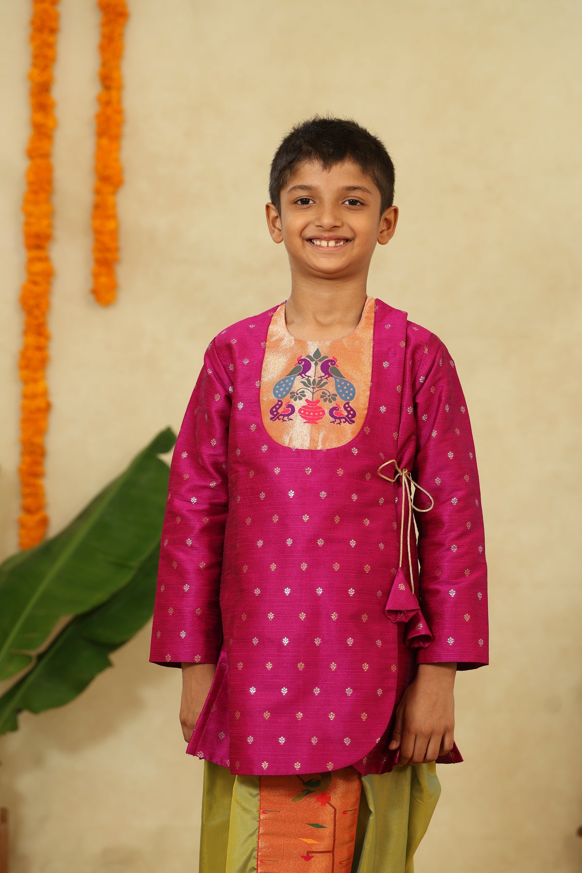 Magenta Raw Silk Angarkha Kurta With Paithani Motif Yoke