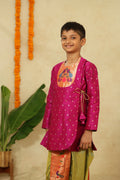 Magenta Raw Silk Angarkha Kurta With Paithani Motif Yoke