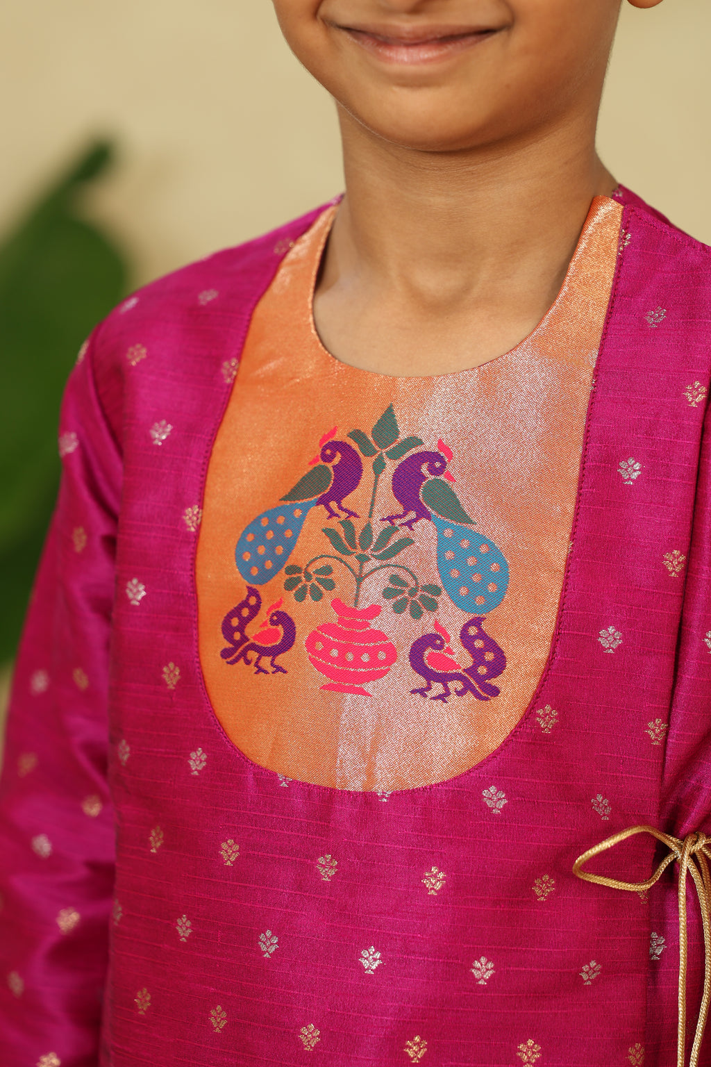 Magenta Raw Silk Angarkha Kurta With Paithani Motif Yoke