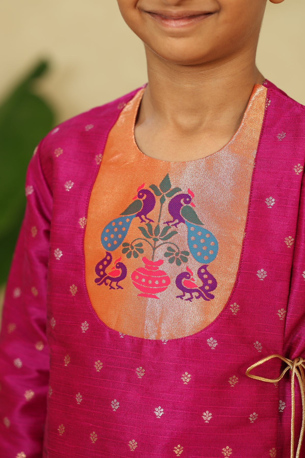 Magenta Raw Silk Angarkha Kurta With Paithani Motif Yoke