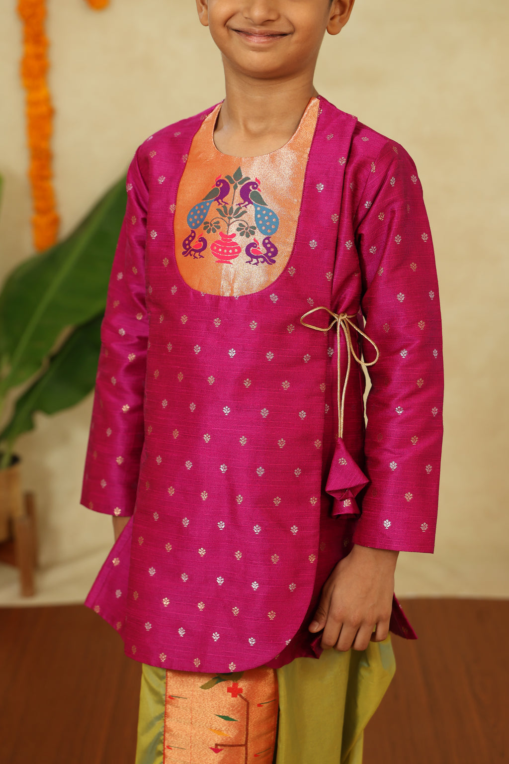 Magenta Raw Silk Angarkha Kurta With Paithani Motif Yoke