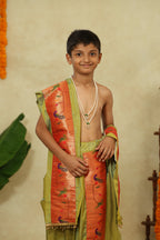 Parrot Green Mysore Silk Sovale Shela Set With Broad Paithani Border