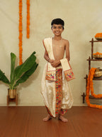 Ivory Taffeta Silk Sovale Uparane Set With Vibrant Paithani Border