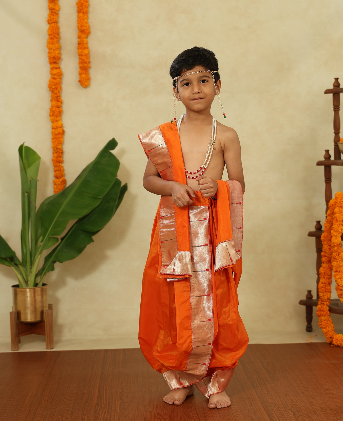 Orange Mysore Silk Sovale Uparane Set With Muniya Paithani Border