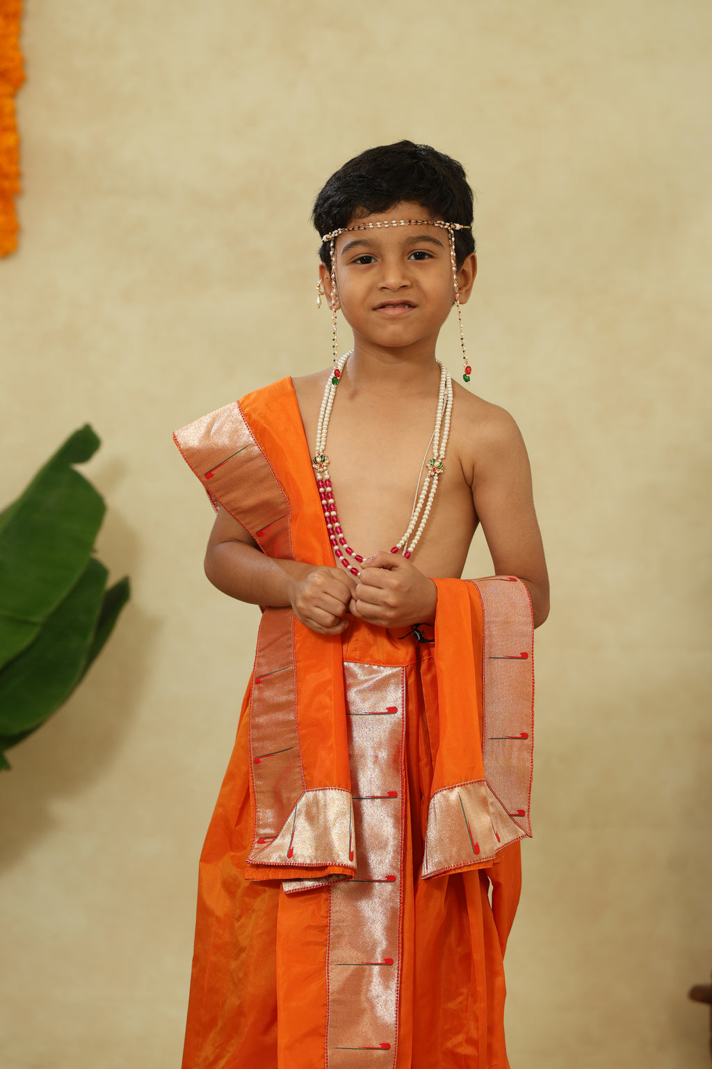 Orange Mysore Silk Sovale Uparane Set With Muniya Paithani Border
