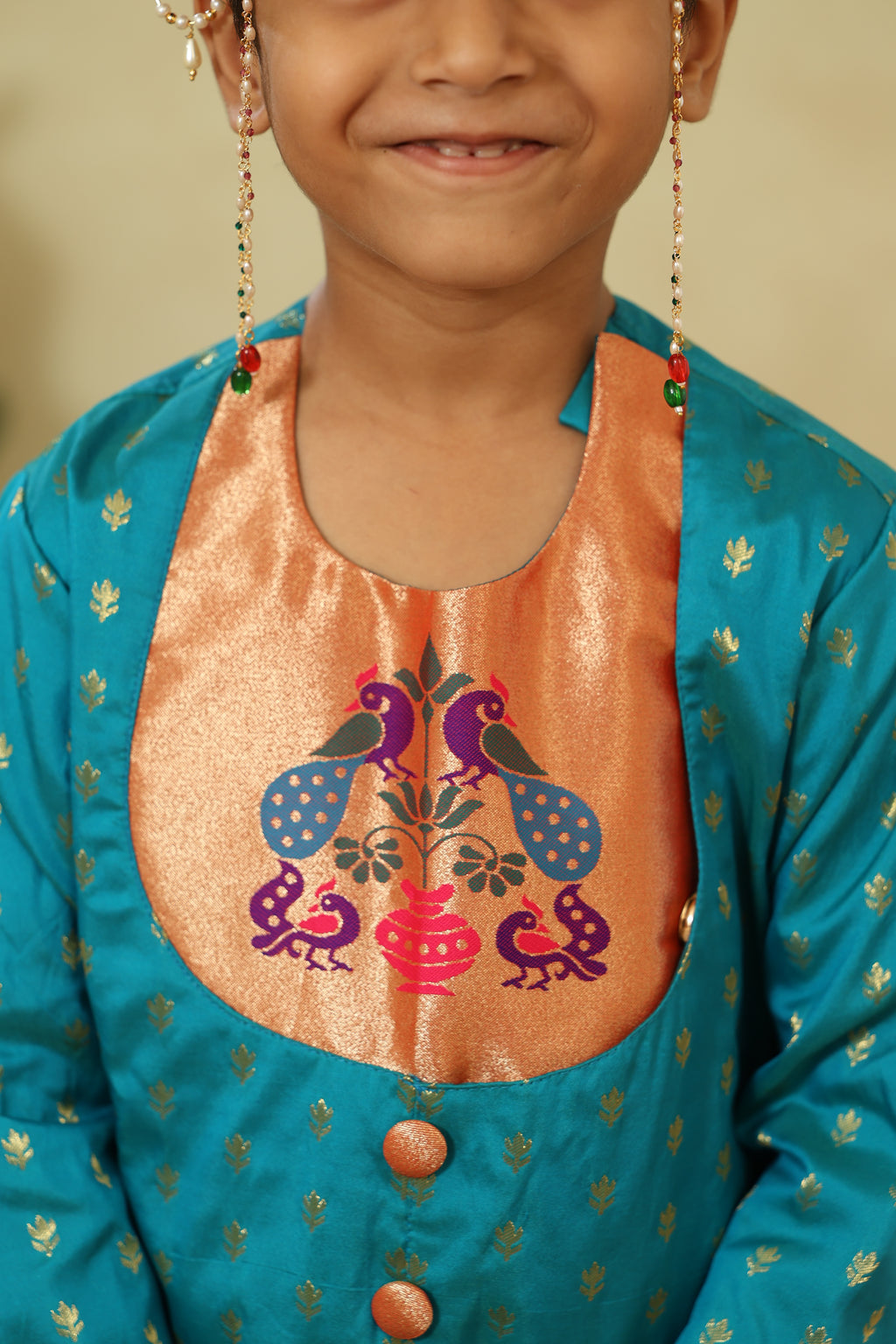 Peacock Green Short Kurta With Statement Paithani Motif Yoke